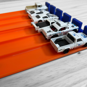 6 Lane Stopper extension for Super 6 Lane Raceway Hot Wheels Track, designed to stop 1:64 scale cars safely and prevent scratches, made from eco-friendly PLA plastic by a small business in the USA