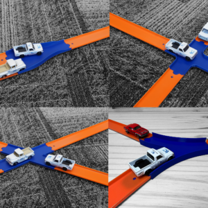 Image showing the contents of the Hot Wheels Compatible Track Add-On Pack, including eco-friendly PLA plastic pieces: Two-to-One Lane Merge, 4-Way Crossing, X Crossing, and Y Split, designed to enhance and diversify Hot Wheels track layouts