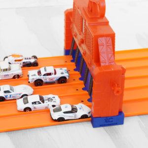 Hot Wheels track extender for Super 6 Lane Finish Line with Monster Truck risers, 3D printed from eco-friendly PLA plastic