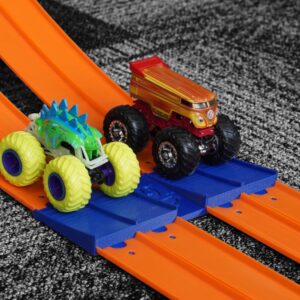 4-Lane Jump compatible with Hot Wheels track and 1/64 scale Monster Trucks, made with eco-friendly plastic in the USA