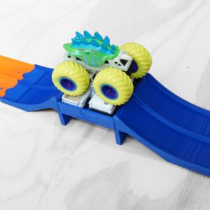 Monster Truck Car Jump compatible with Hot Wheels track, includes ramps and tray inserts, made with eco-friendly plastic in the USA