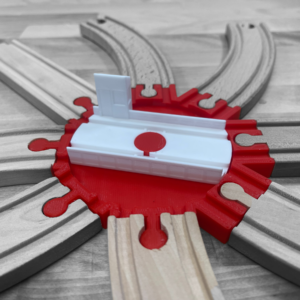 8 Way Wooden Train Turntable, an intersecting track hub for creating diverse train layouts, compatible with engines up to 4 inches long