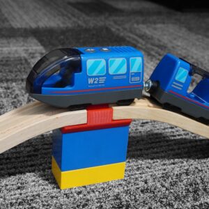 Wooden Train to Duplo Connector compatible with wooden train tracks and Duplo blocks, made with eco-friendly plastic in the USA