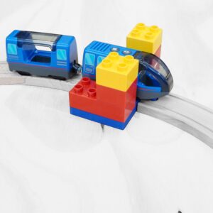 Brio Duplo Build Plate to connect Duplo and wooden train sets like Brio, Ikea, and Thomas the Tank, made from eco-friendly PLA Plastic in the USA