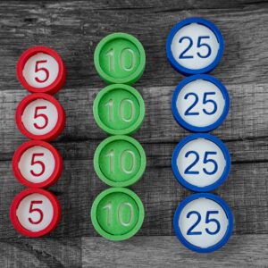 Set of 12 eco-friendly Fisher Price cash register replacement coins in nickel, dime, and quarter denominations, made from biodegradable PLA Plastic by a small business in the USA