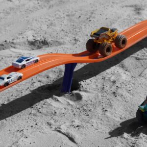Monster Truck Track Stakes with Hot Wheels-compatible connectors for outdoor play, made with eco-friendly plastic in the USA