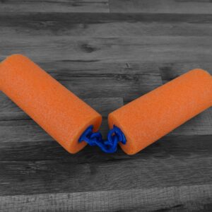 Pool Noodle Nunchucks connector set with blue and orange eco friendly plastic chain, designed for summer play—pool noodles not included, made in the USA